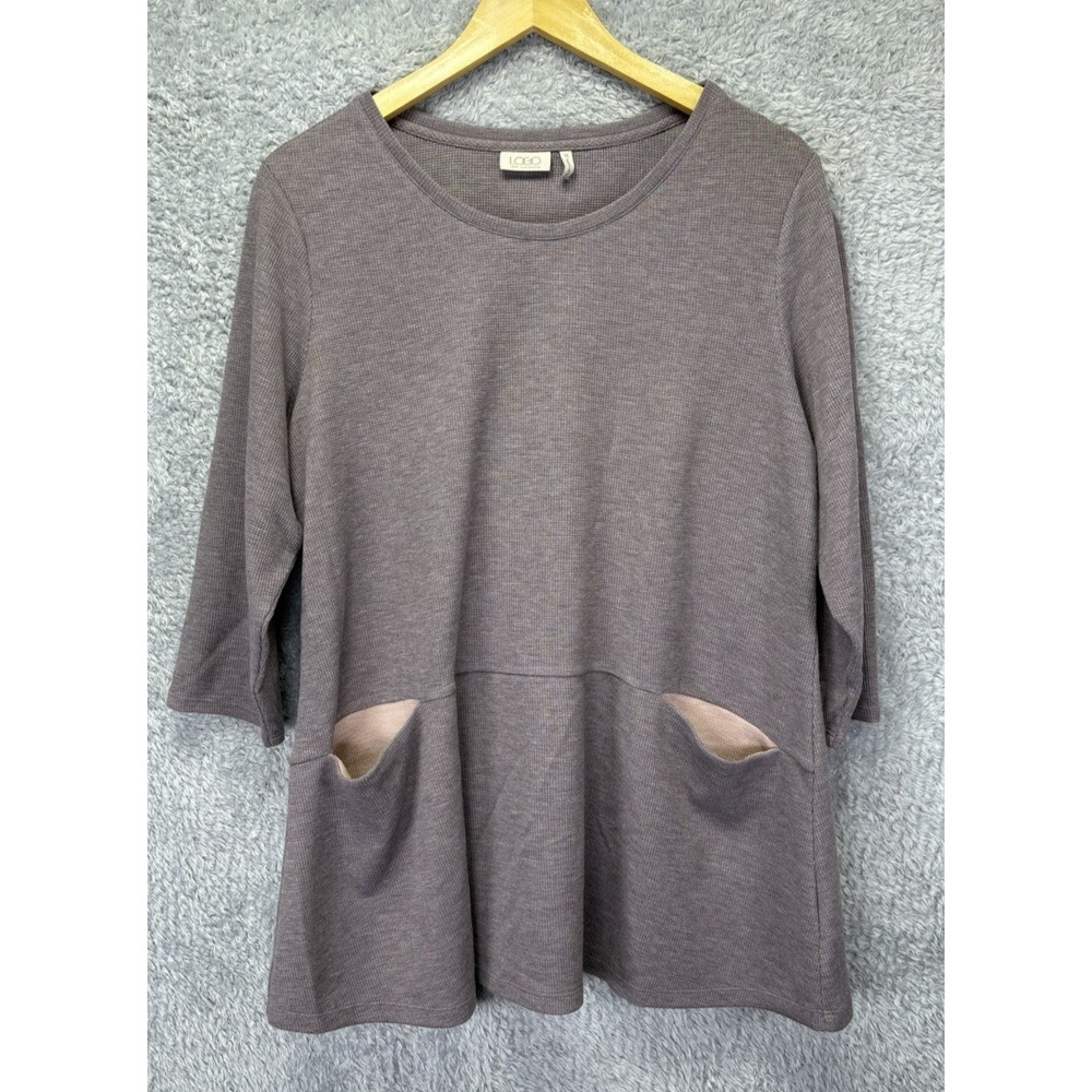 LOGO Lori Goldstein Womens 1X Purple Thermal Knit Tunic Pockets Lagenlook Artsy